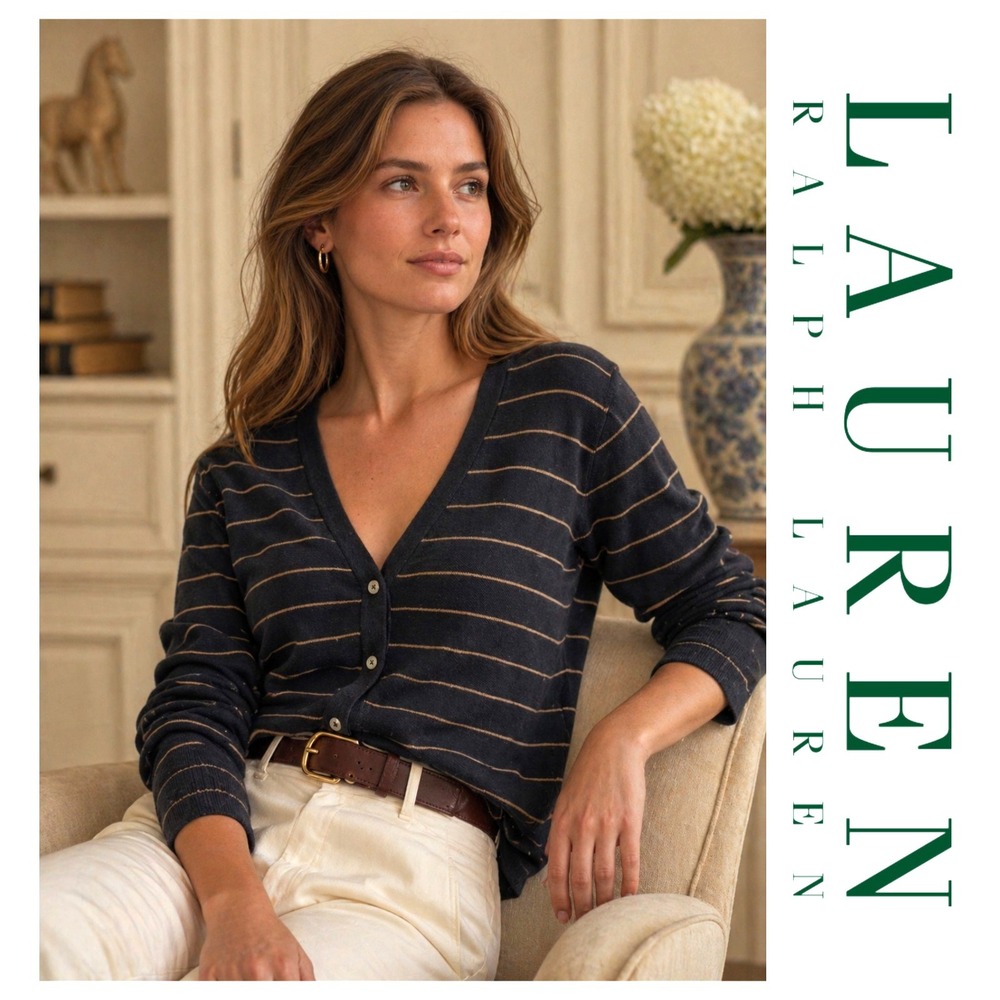 Lauren Ralph Lauren Womens Black Striped Button Down Sweater Cardigan Size L